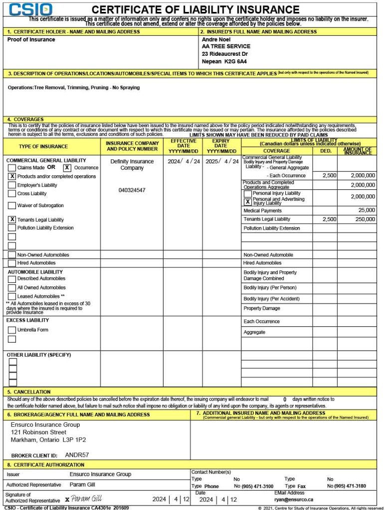 Certificate of liability insurance for AA Tree Service